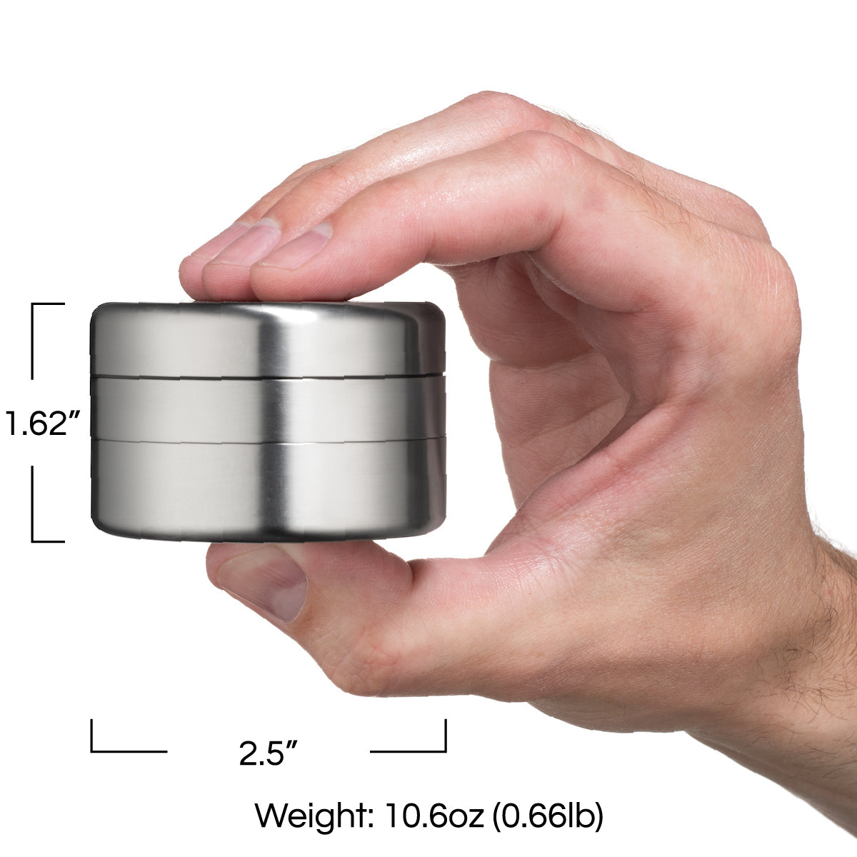 The Titanium Reaper Titanium Grinder. Measurements are 2.5 inch diameter, 1.62 inch height, and weighs 10.6 ounces or 0.66 pounds.