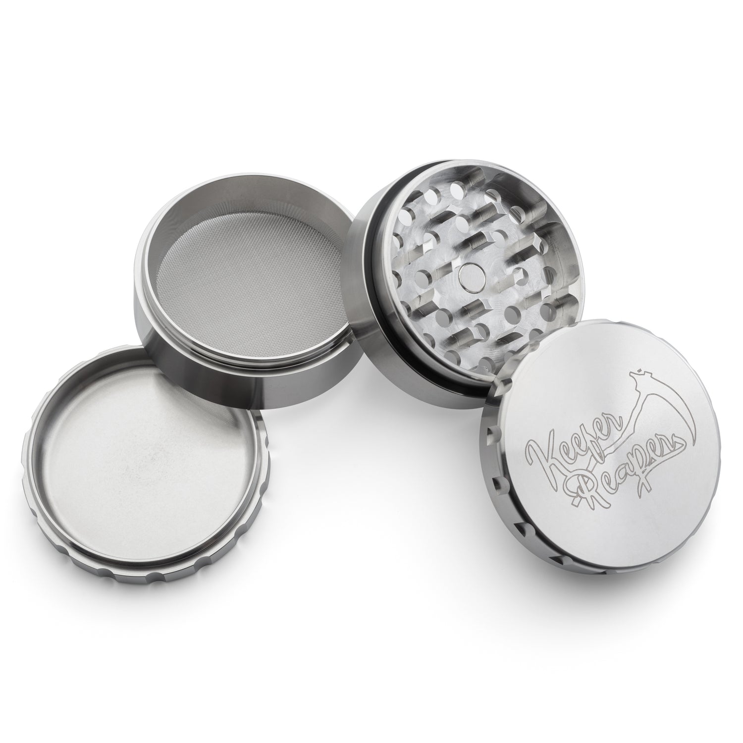 The Reaper Raw Stainless Steel Grinder spread out with all 4 pieces visible